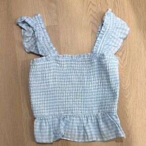 Storia Light Blue Checkered Smocked Crop Top